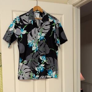 Black Tropical Floral Short-Sleeve Cotton Shirt
